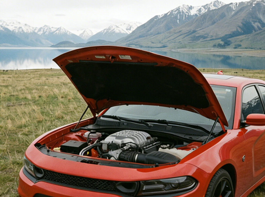 A red muscle car with its hood held open by VEPAGOO gas struts beside a mountain lake