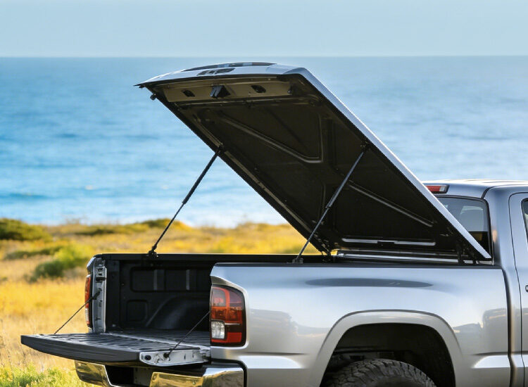 A pickup truck bed cover held open by VEPAGOO gas struts by the ocean