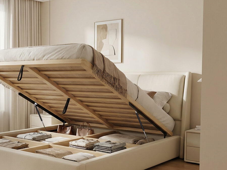 A lift-up storage bed held open safely by VEPAGOO gas struts in a bright bedroom