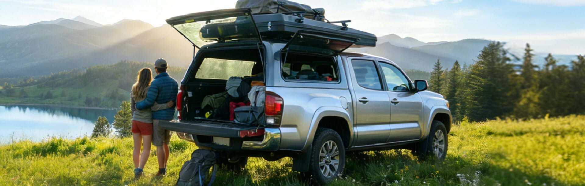 A couple loading camping gear into a pickup truck with a camper shell held open by VEPAGOO gas struts, overlooking a mountain lake at sunset