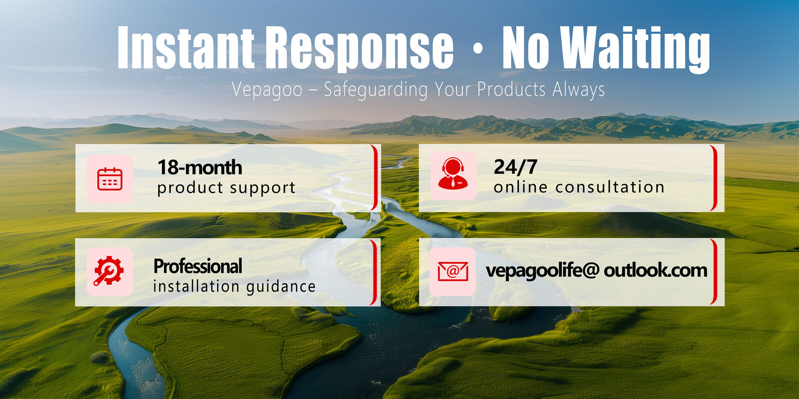 VEPAGOO support banner: instant response with 18-month product support, 24/7 online consultation and professional installation guidance
